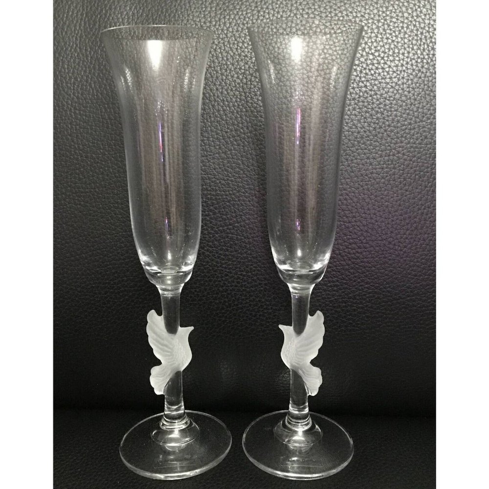 Set Of 2 Crystal Champagne Flutes With Etched Birds Stem Germany Bimini Style